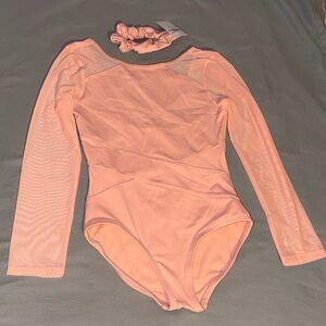 Justice Light Pink Leotard with Long Mesh Sleeves and Matching Scrunchie
